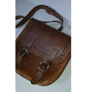 Handmade Ecuador Brown Leather Tooled Crossbody Bag Satchel Scalloped Buckle